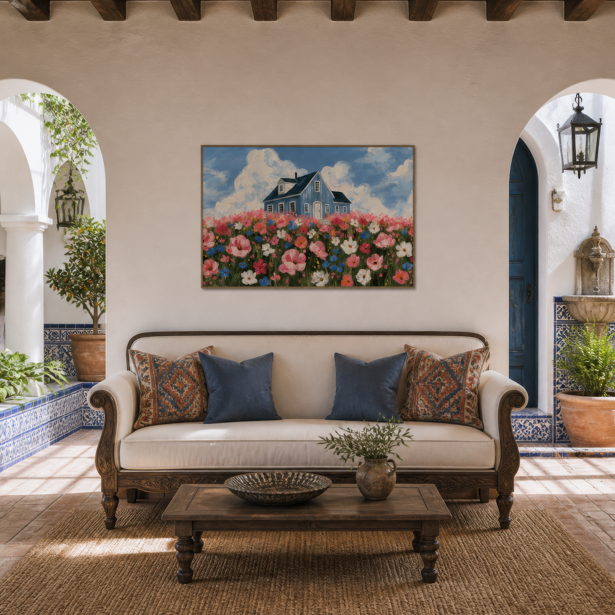 Cosmos field cottage above an antique wooden settee with navy pillows and blue tilework