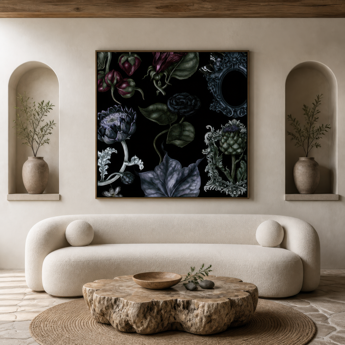 Dark Floral with an Oval Mirror Frame wall art print, alternate room view