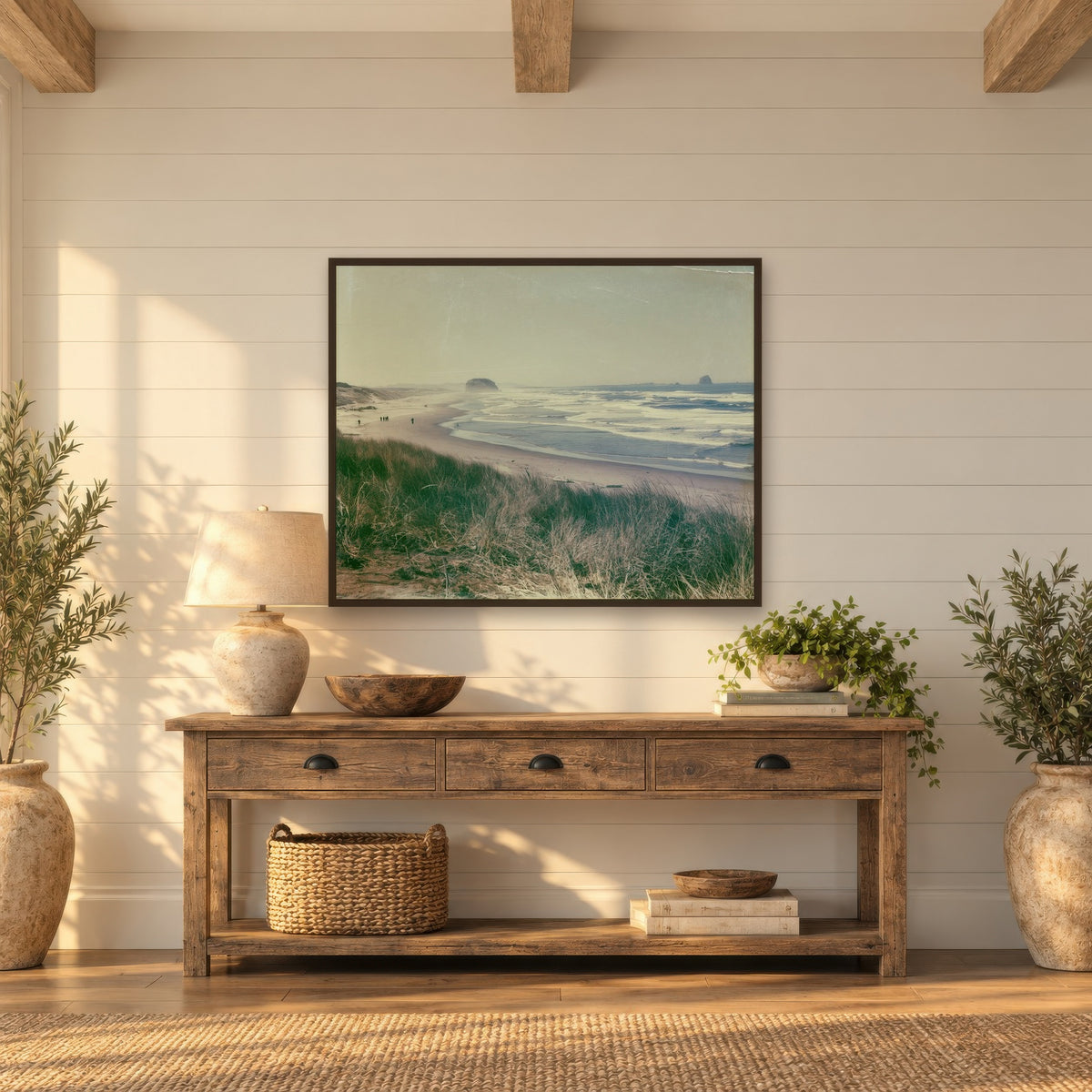 Coastal Dune Grasses and Sea Stacks landscape wall art in an entryway