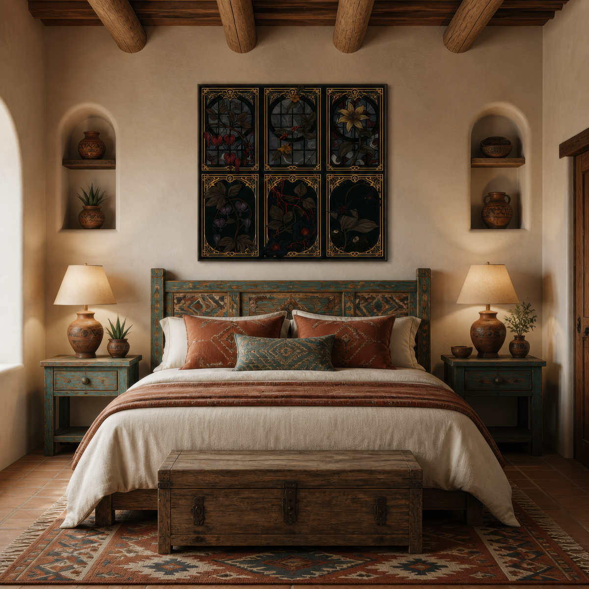 Gothic Stained Glass Floral Panels wall art print, alternate room view