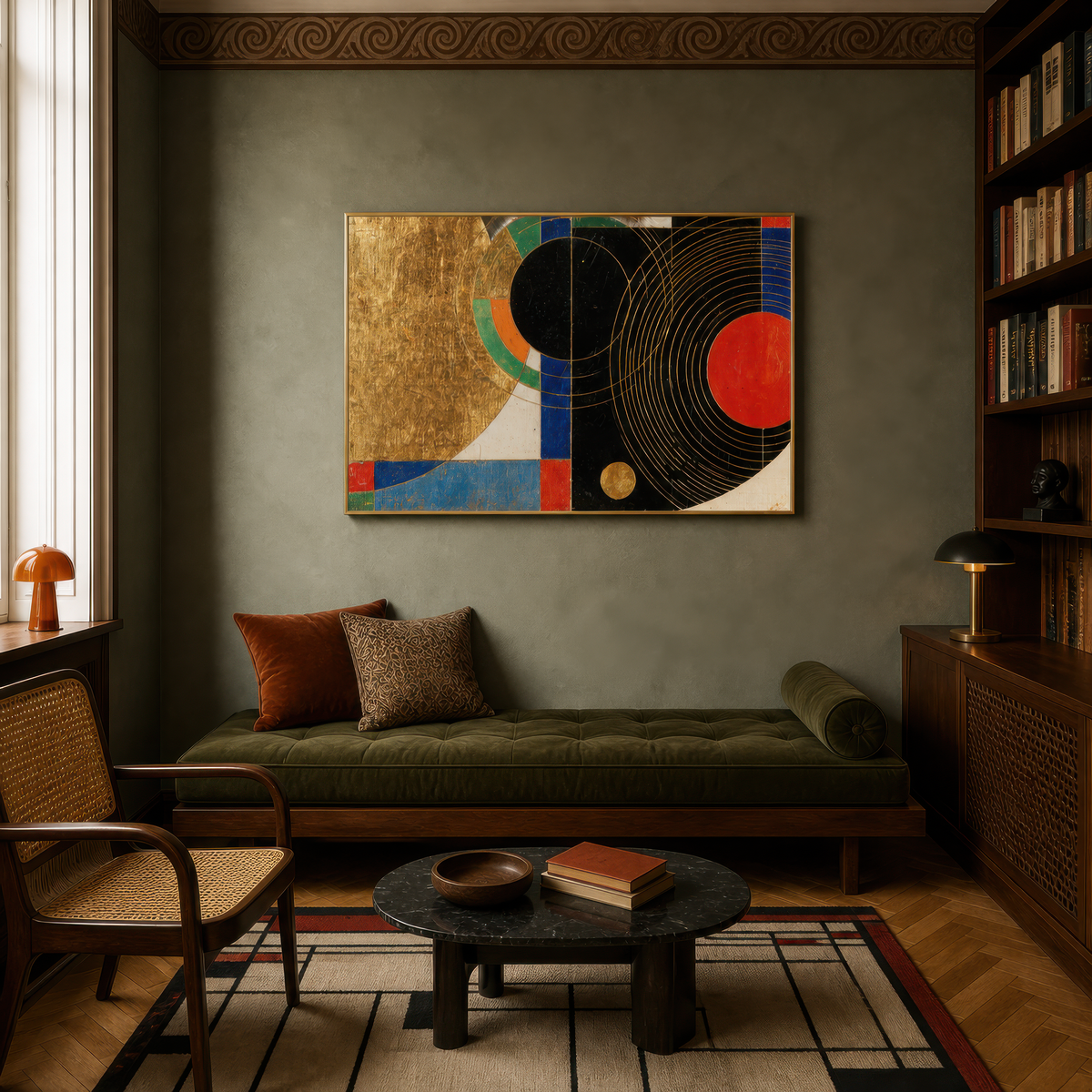 Gold and black deco orbits above an olive daybed on a green wall with a bookcase and bentwood chair