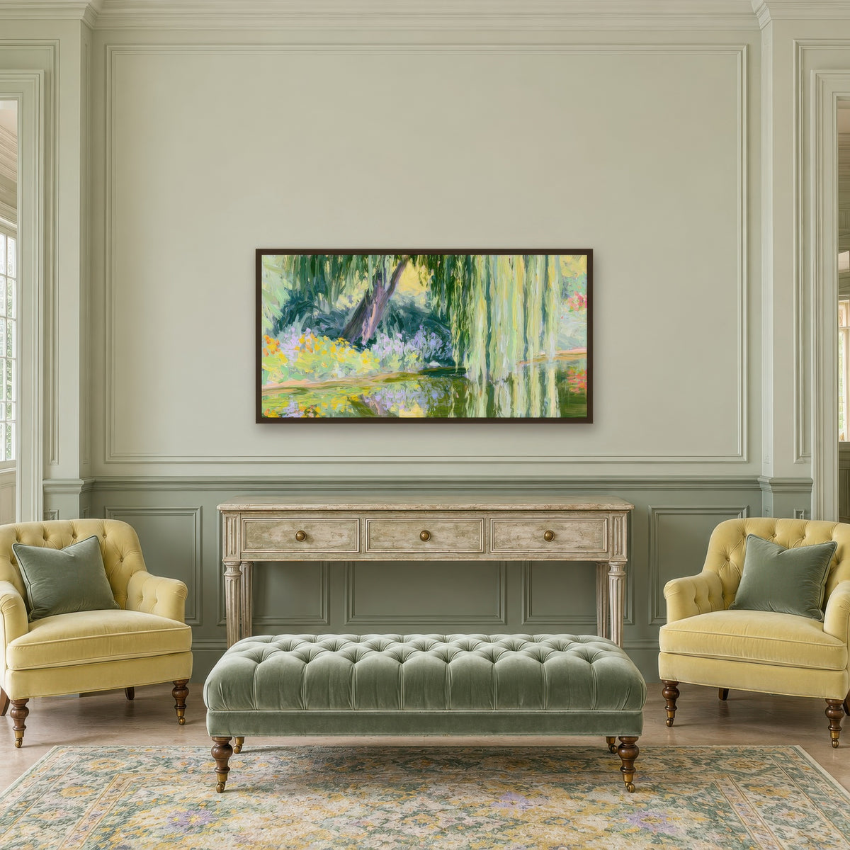 Sunlit Willow over a Garden Pond impressionist wall art in an entryway