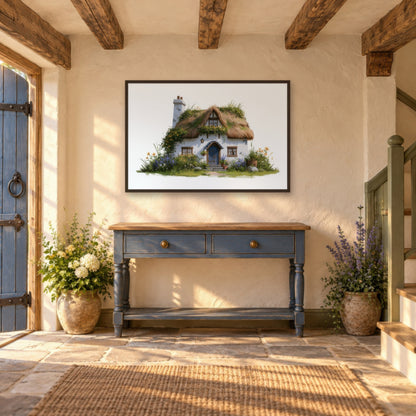Mossy Thatched Cottage cottagecore wall art in an entryway