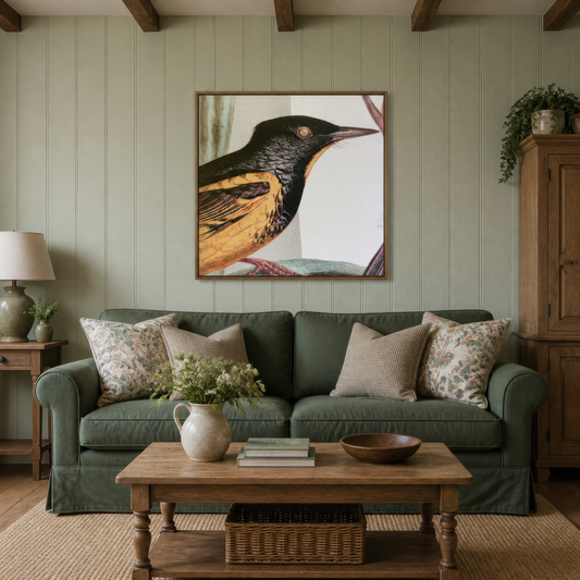 Antique Songbird Illustration wall art print staged in a room