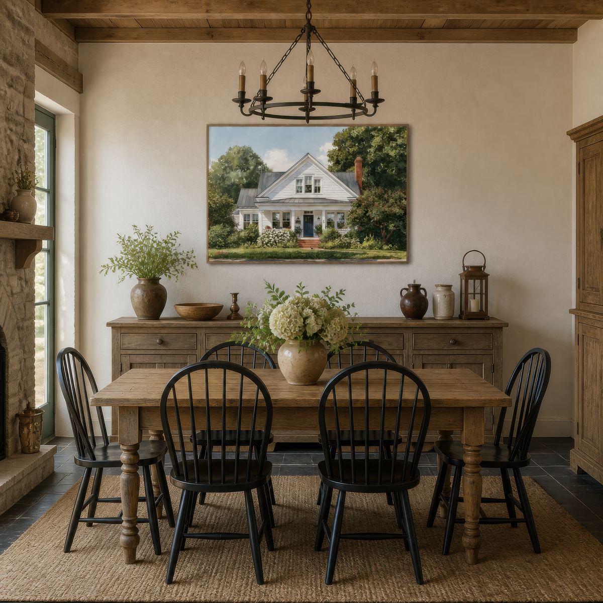 Sunny white farmhouse above a wood dining table with black Windsor chairs and a chandelier