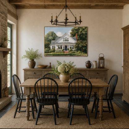 Sunny white farmhouse above a wood dining table with black Windsor chairs and a chandelier