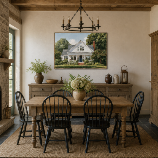 Sunny white farmhouse above a wood dining table with black Windsor chairs and a chandelier