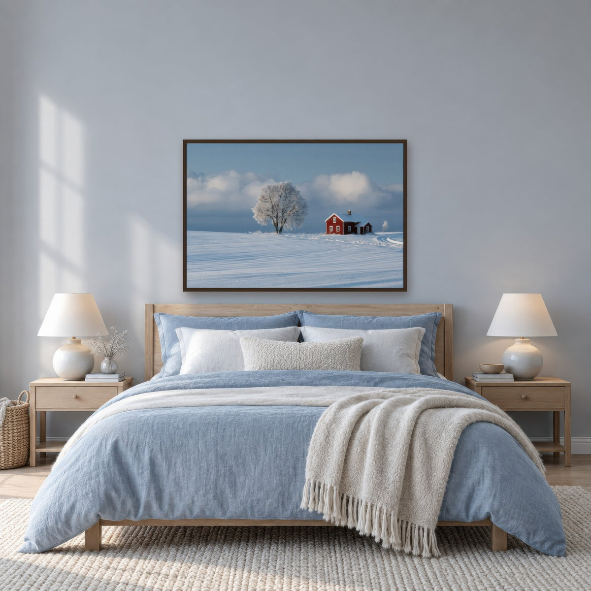 Frosted Tree and Red Cottage scandinavian wall art in a bedroom