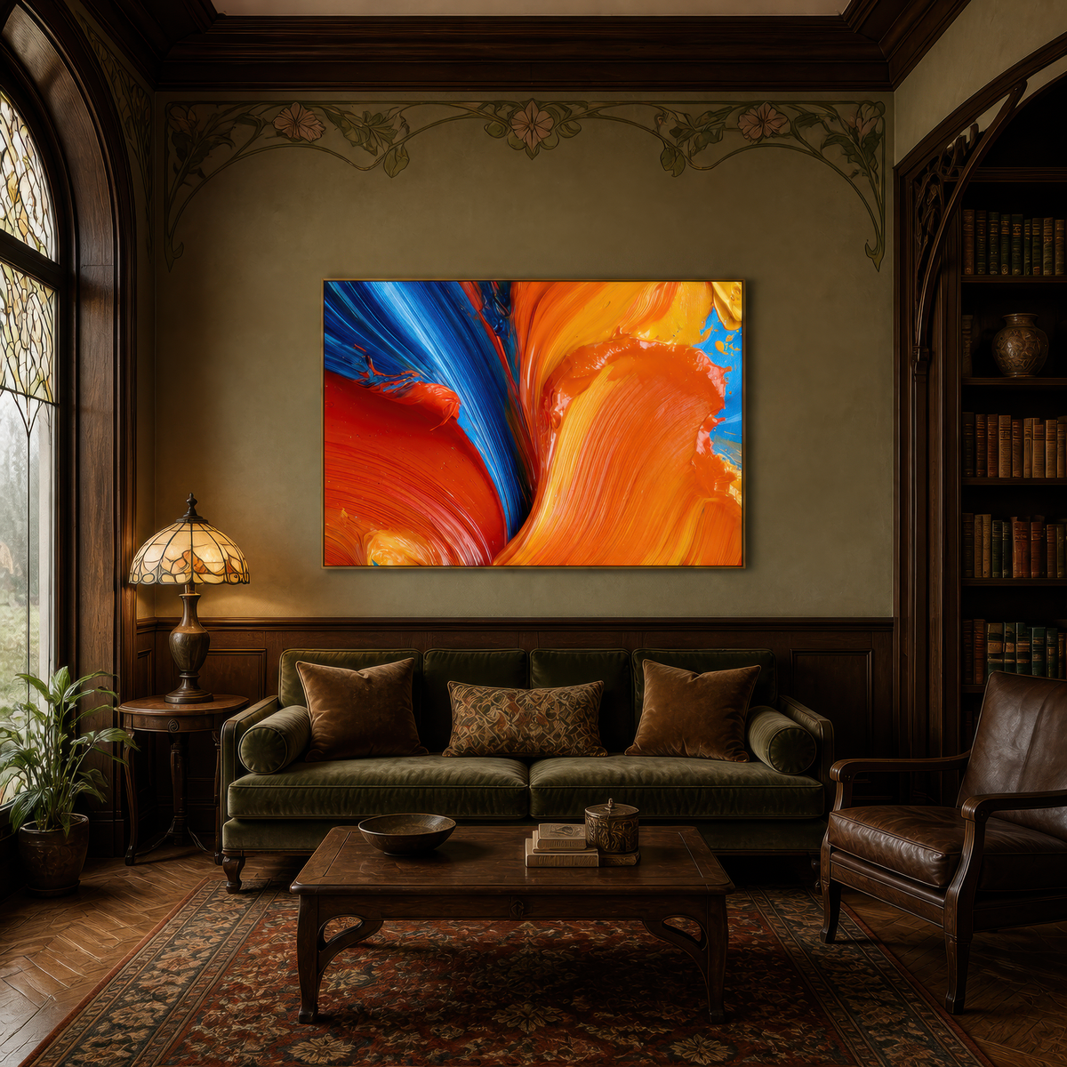 Mood swing above an olive velvet sofa with dark bookcases and a stained glass lamp