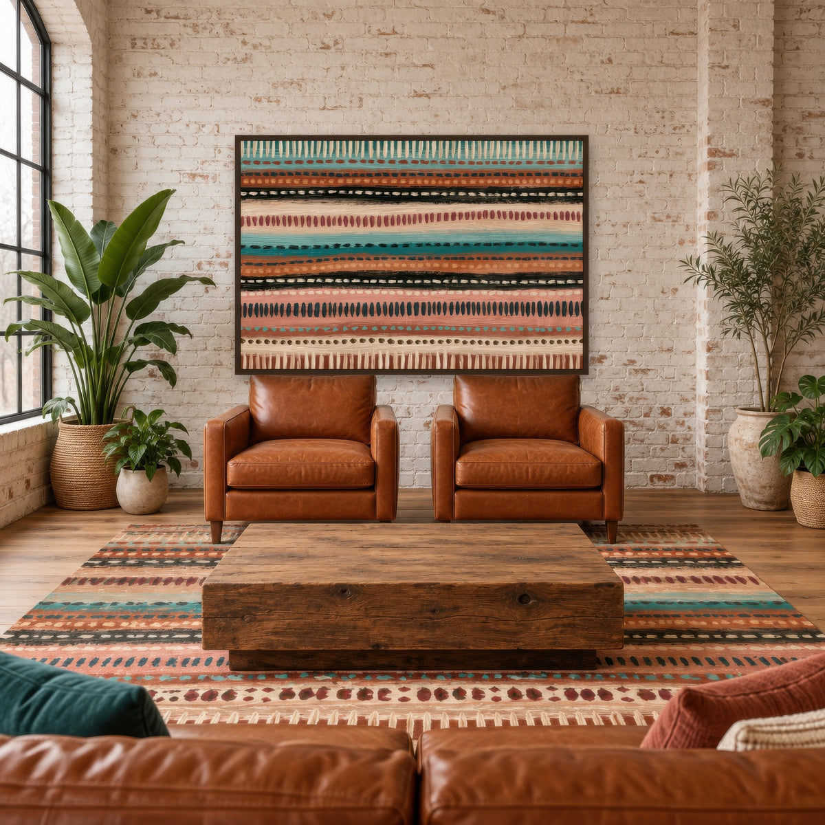 Dash Stripes in Teal and Terracotta boho wall art in a den