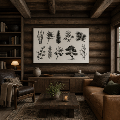 Japanese botanical chart above a brown leather sofa on a dark timber wall with a lamp