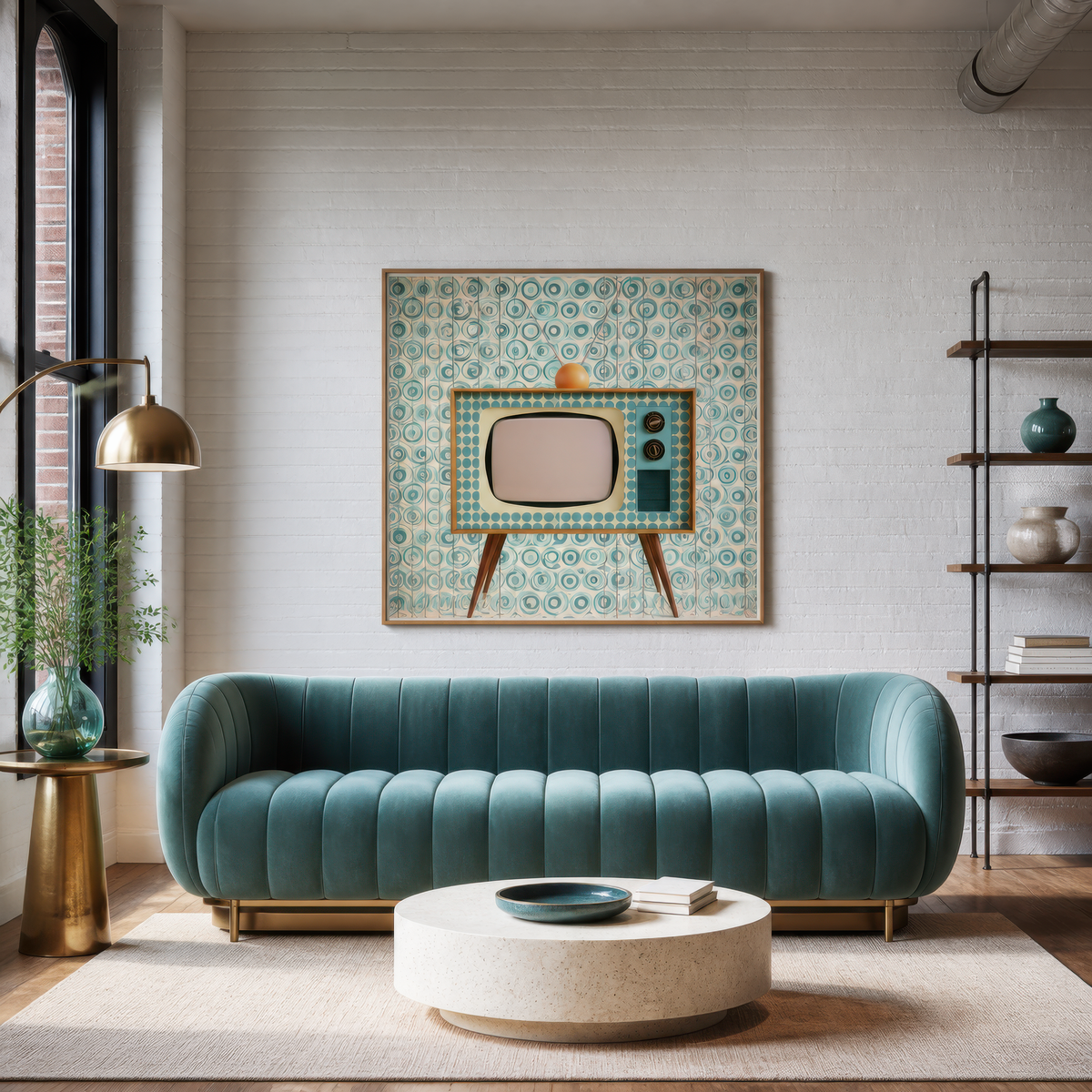 Retro TV wall art framed above a teal velvet sofa in a white brick loft living room
