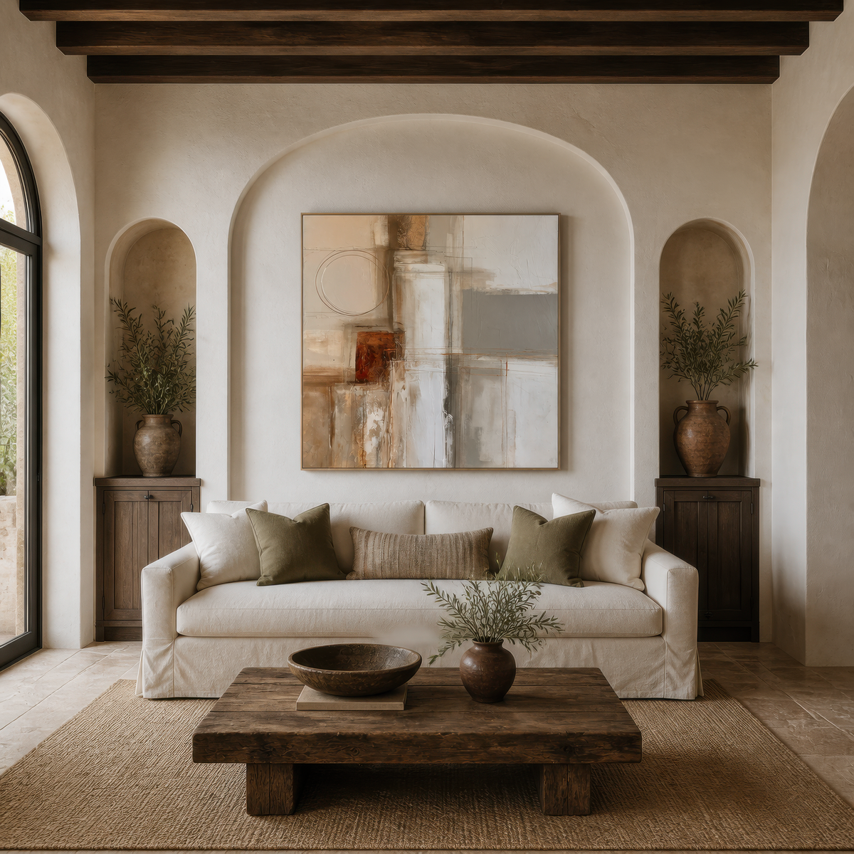 Square rust and cream abstract artwork above a white slipcovered sofa in an arched alcove