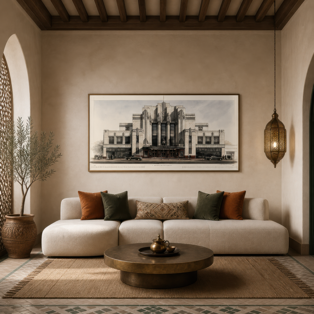 Vintage deco theater above a cream sectional with rust pillows and a Moroccan lantern