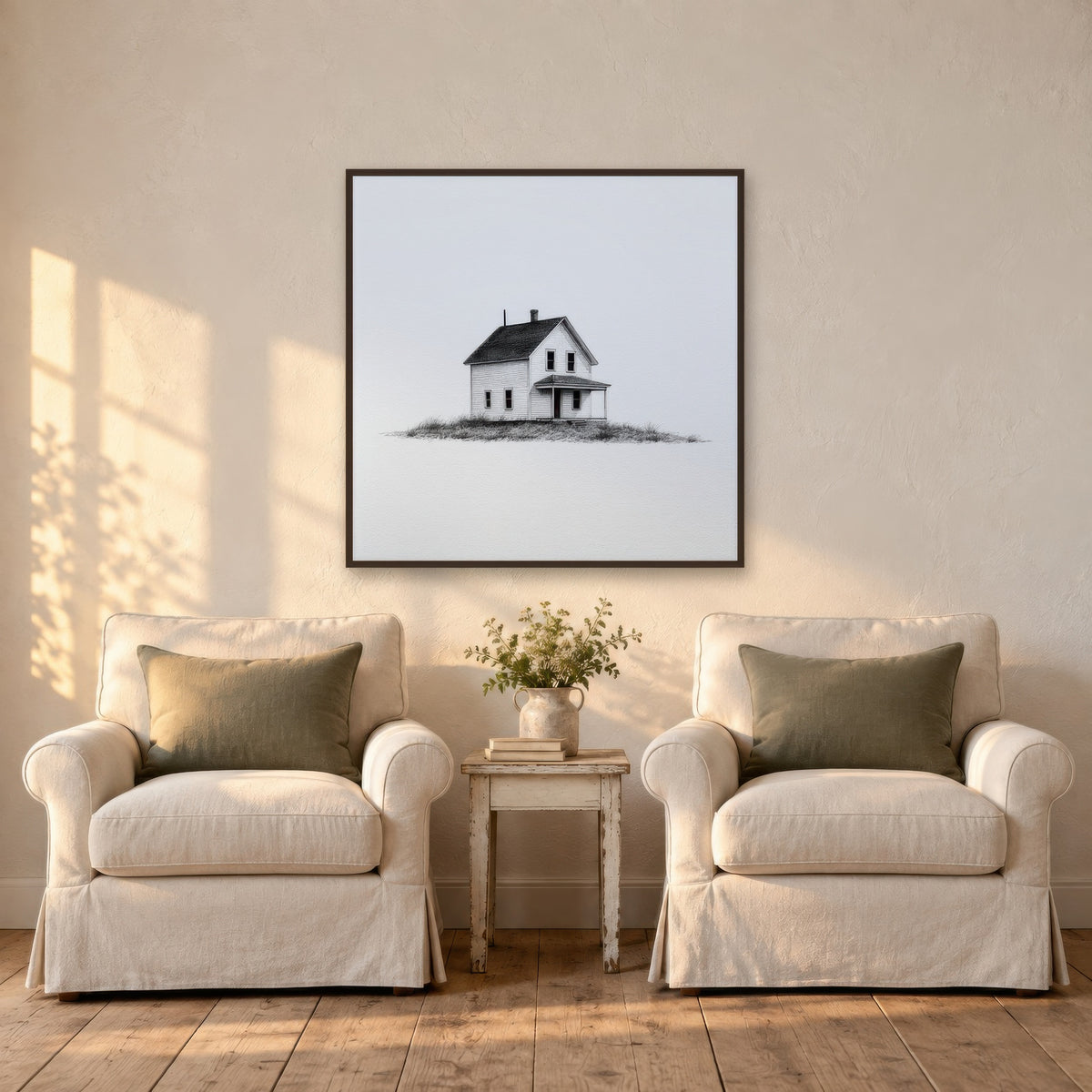 Farmhouse with a Flat-Roofed Porch farmhouse wall art in a den
