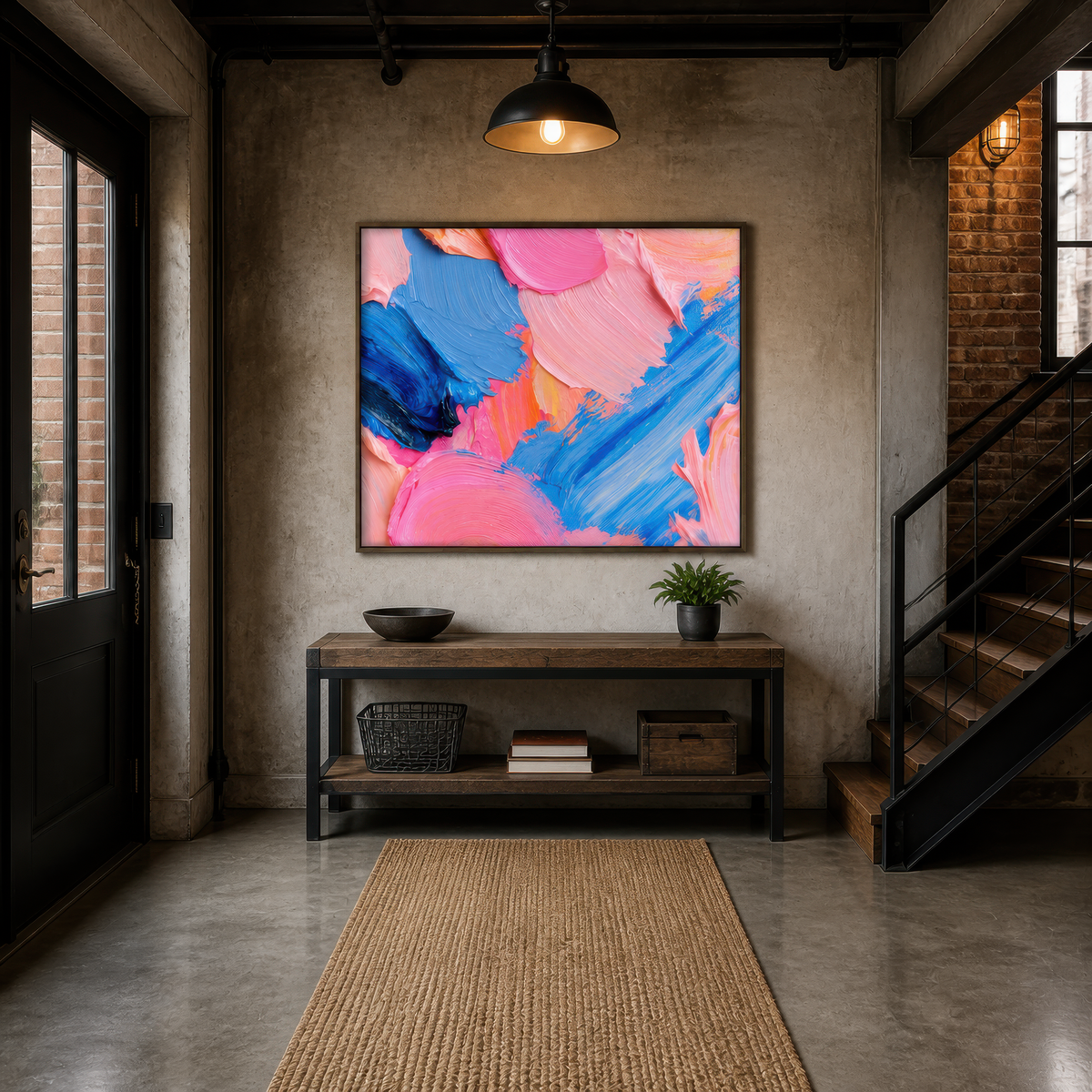Technicolor bloom above a black console in an entryway with a jute runner and pendant
