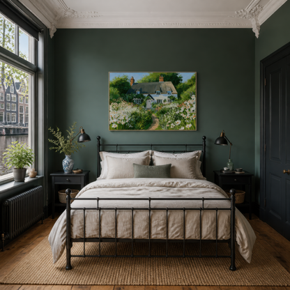 Daisy path cottage above a black iron bed with cream bedding on a dark green wall