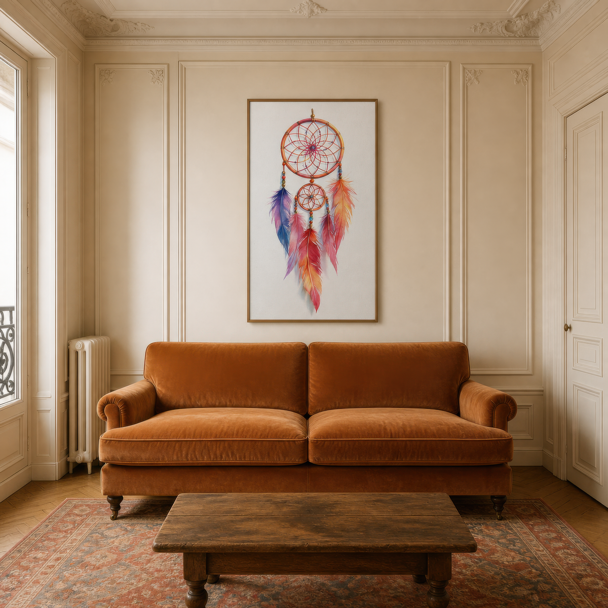 Sunset dreamcatcher artwork above a rust sofa in a white panelled room with a wood coffee table