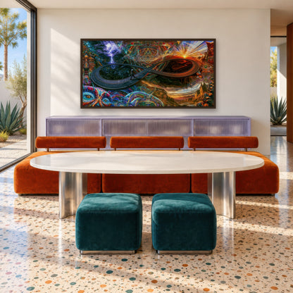 Cave to Sunburst psychedelic wall art in a dining room