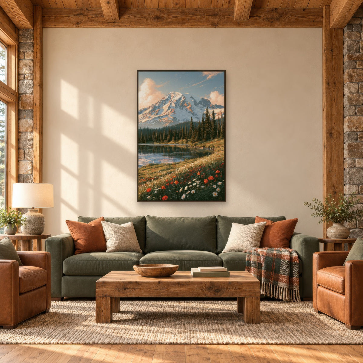 Snowy Peak Wildflower Meadow national park wall art in a living room