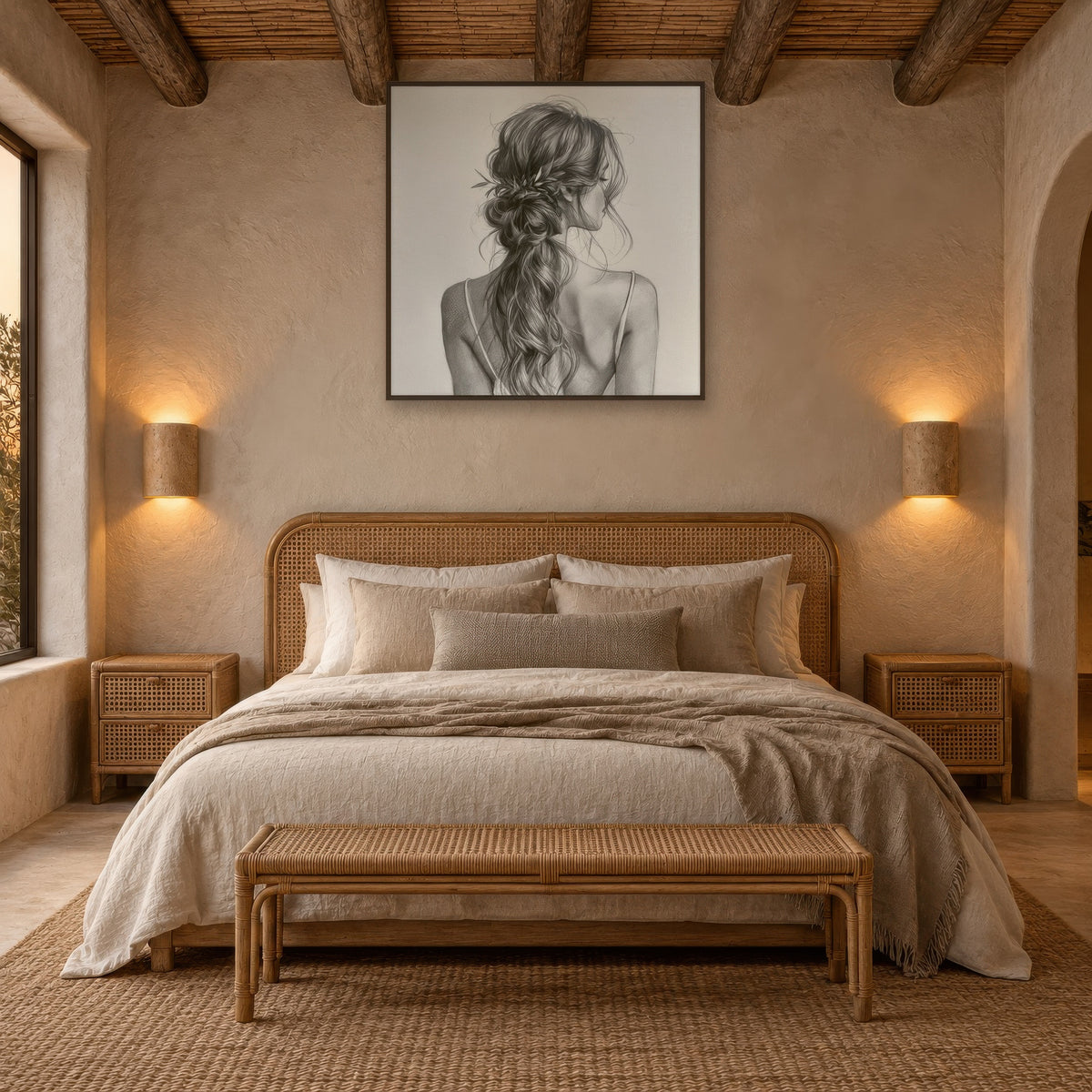 Braided Hair Sketch Portrait boho wall art in a bedroom
