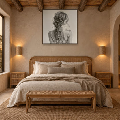 Braided Hair Sketch Portrait boho wall art in a bedroom