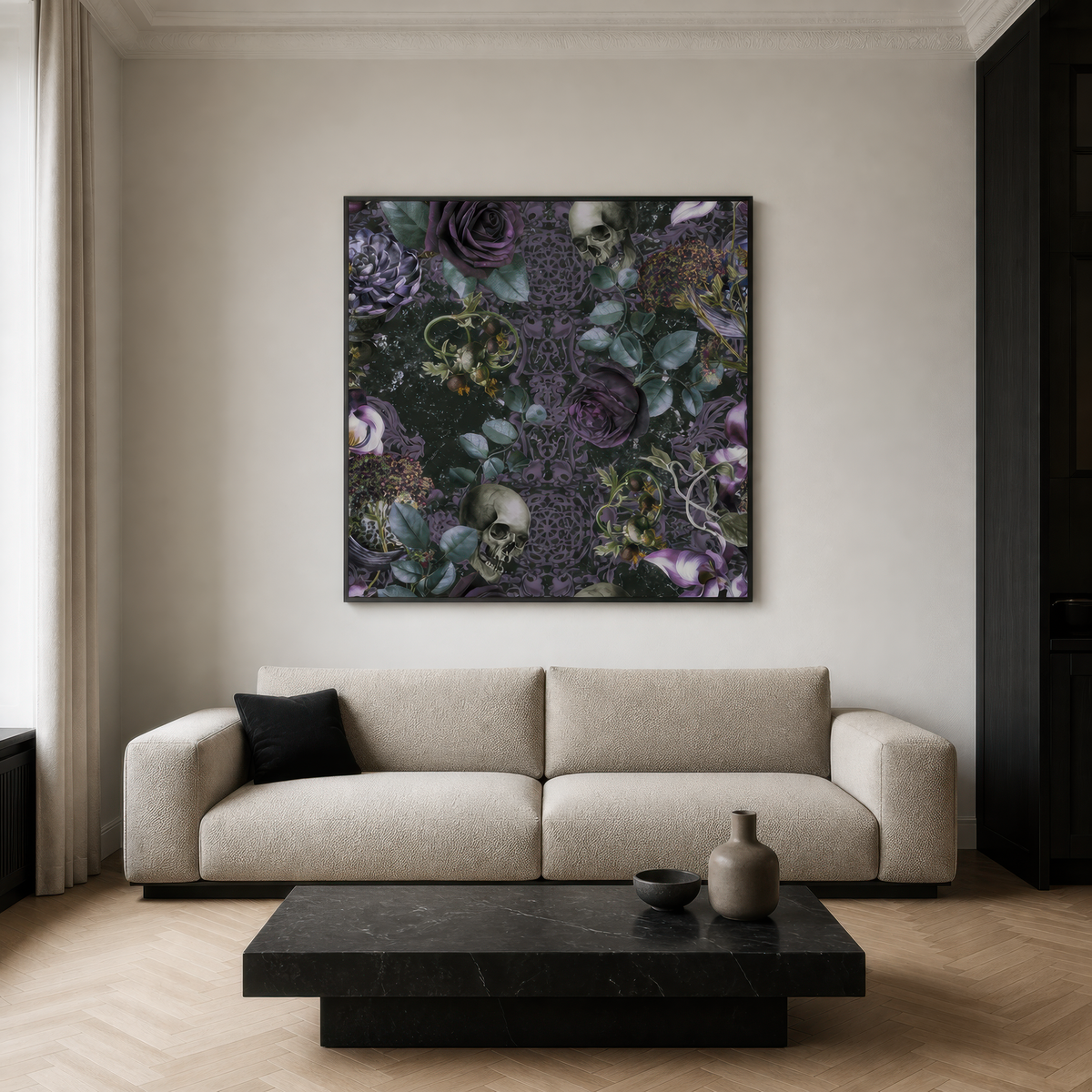 Gothic Skull and Rose Pattern wall art print staged in a room