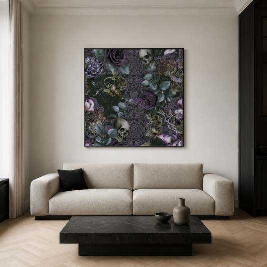 Gothic Skull and Rose Pattern wall art print staged in a room
