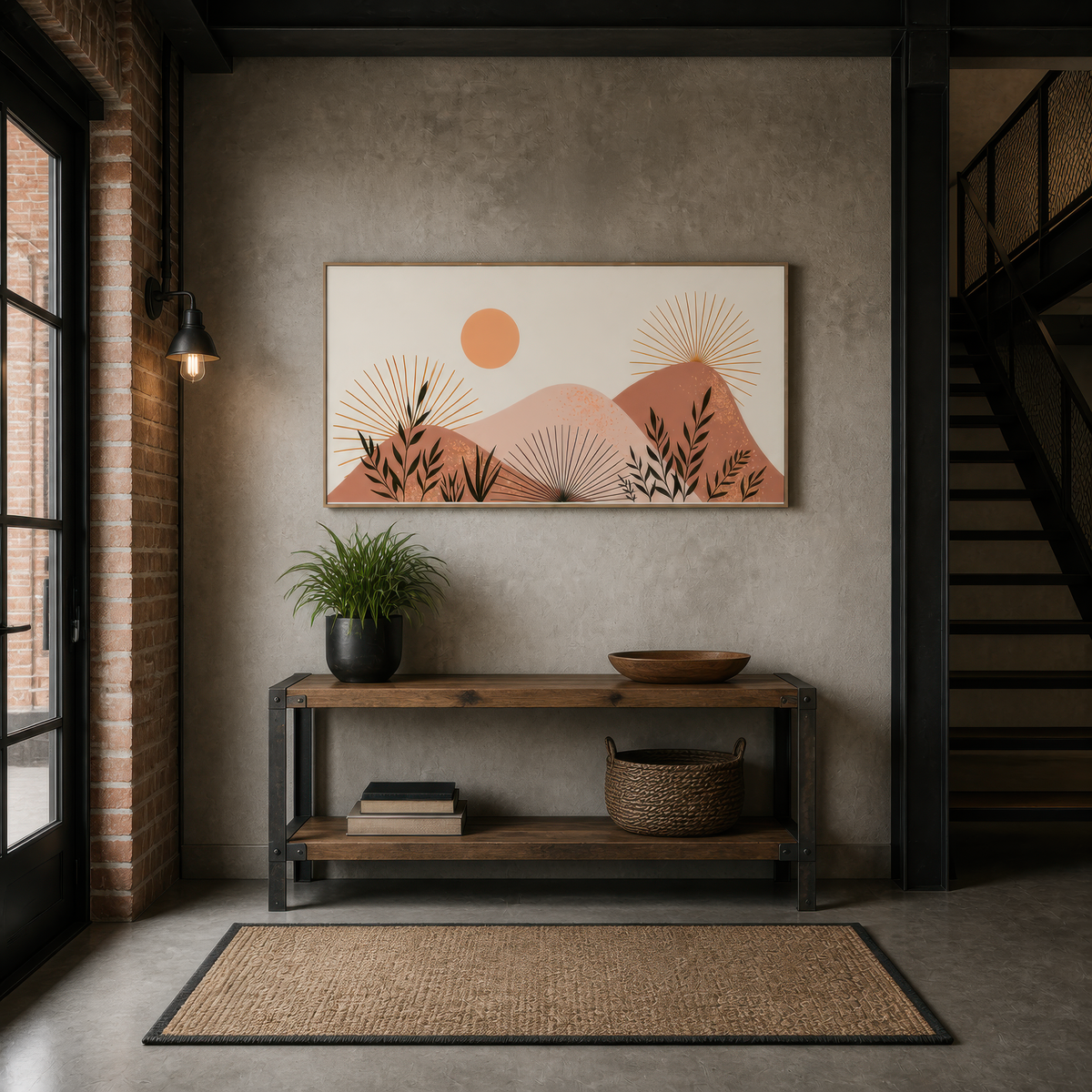 Boho sunburst mountains above a metal and wood console in a concrete entryway