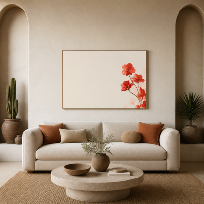 Minimalist Red Flowers on Cream wall art print staged in a room