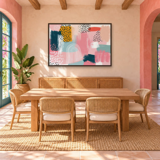 Memphis Pink and Navy Collage boho wall art in a dining room
