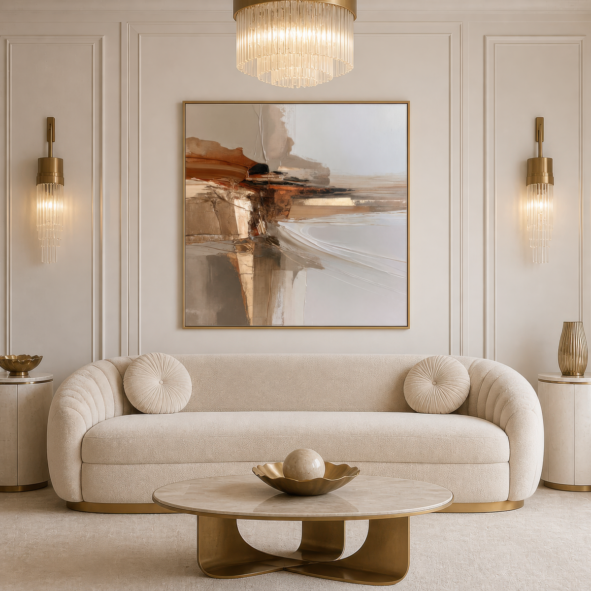 Square rust and cream abstract artwork above a curved cream sofa between wall sconces