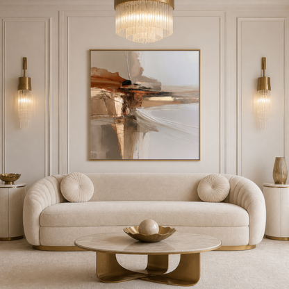 Square rust and cream abstract artwork above a curved cream sofa between wall sconces