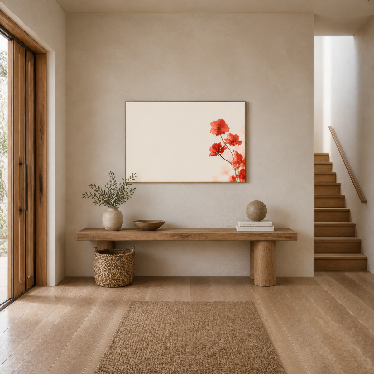 Minimalist Red Flowers on Cream wall art print, alternate room view