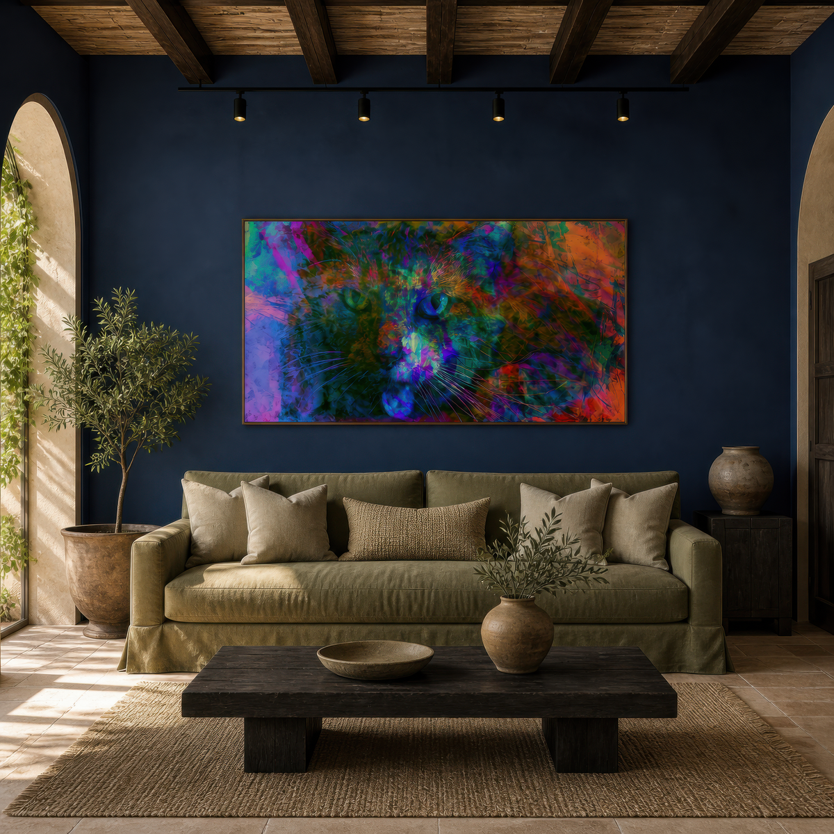 Blue Cat in Color Haze psychedelic wall art in a navy living room