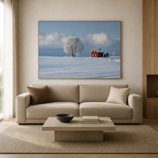 Frosted Tree and Red Cottage wall art print staged in a room