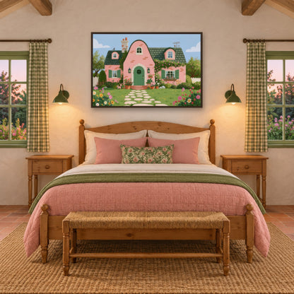 Pink Cottage Garden cottagecore wall art in a bedroom