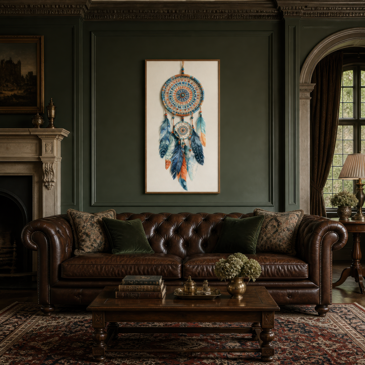 Indigo dreamcatcher artwork above a brown leather Chesterfield in a dark green panelled room