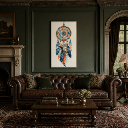 Indigo dreamcatcher artwork above a brown leather Chesterfield in a dark green panelled room
