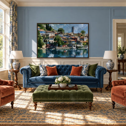 Lakeside Village with Bell Tower impressionist wall art in a living room