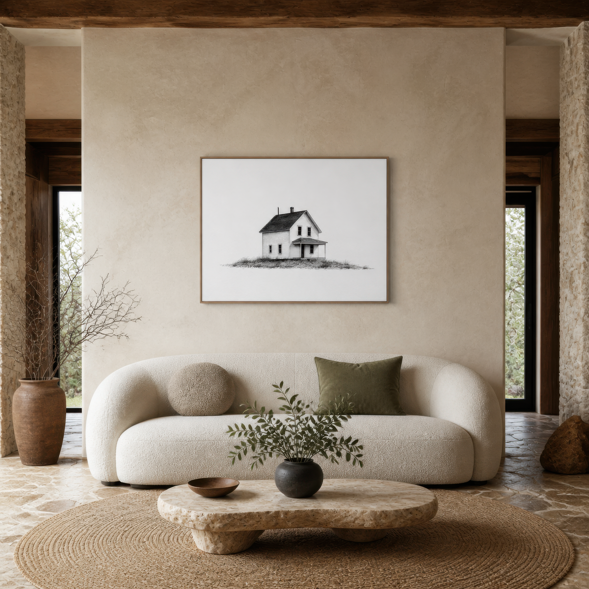 Farmhouse with a Flat-Roofed Porch – Farmhouse Wall Art