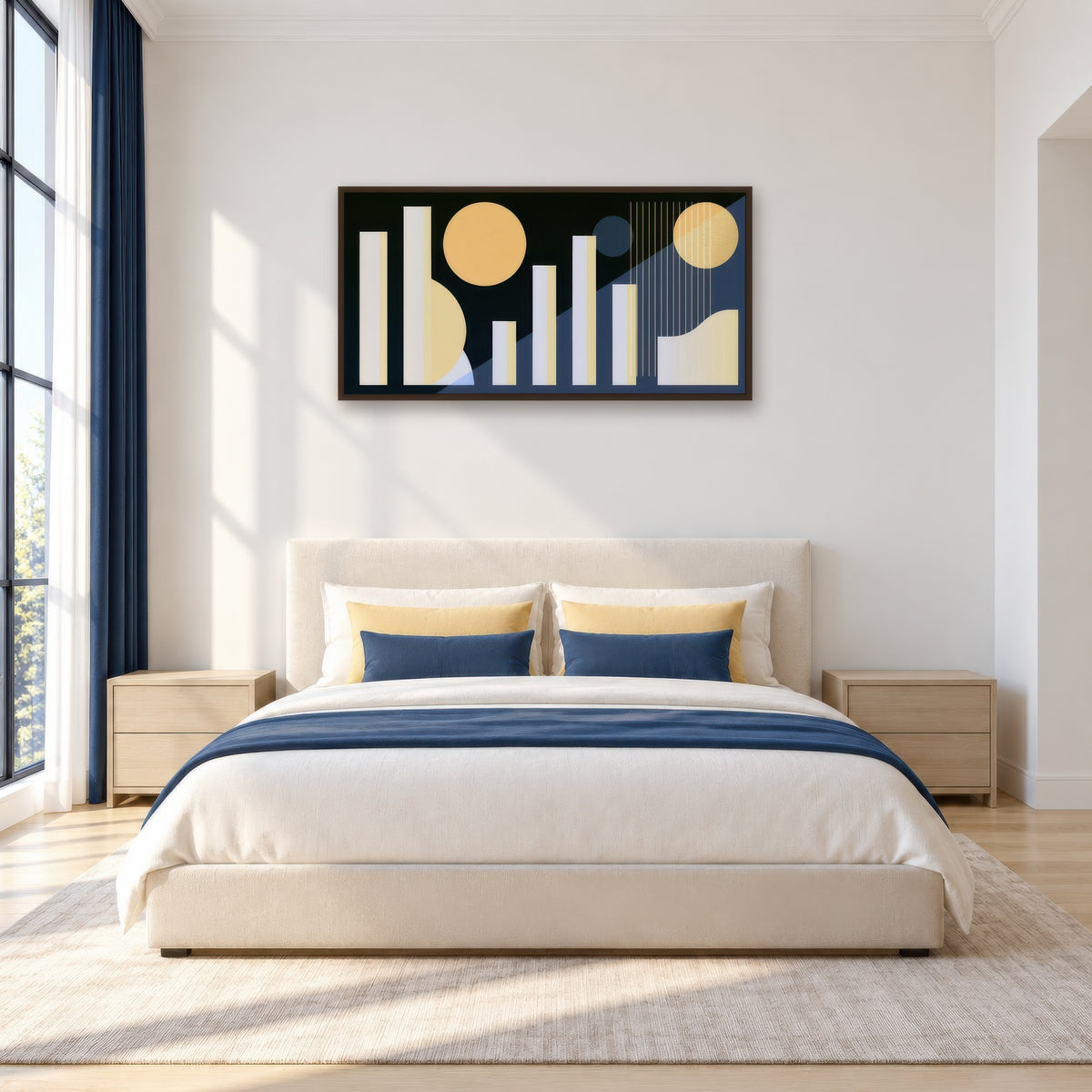 Geometric Suns and Bars Abstract wall art in a bedroom