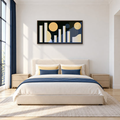 Geometric Suns and Bars Abstract wall art in a bedroom