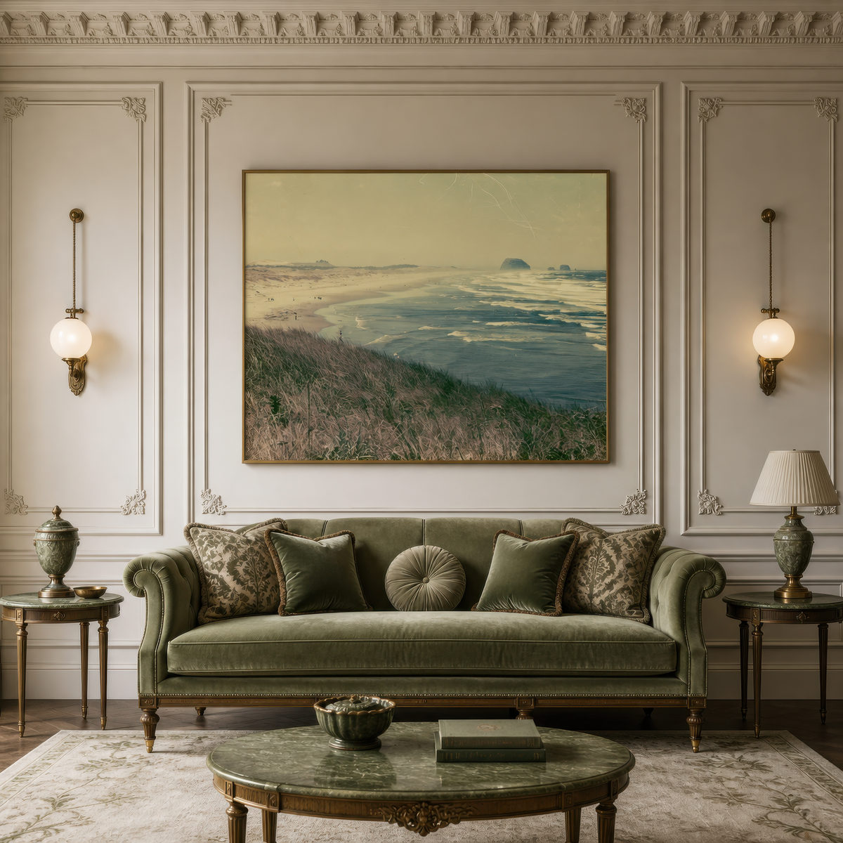 Vintage sea stack coastline above a green velvet chesterfield on a cream panelled wall