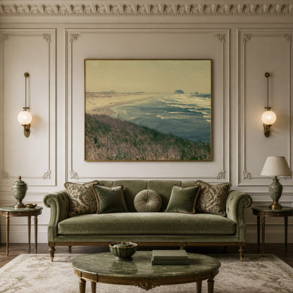 Vintage sea stack coastline above a green velvet chesterfield on a cream panelled wall
