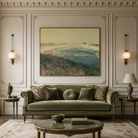 Vintage sea stack coastline above a green velvet chesterfield on a cream panelled wall