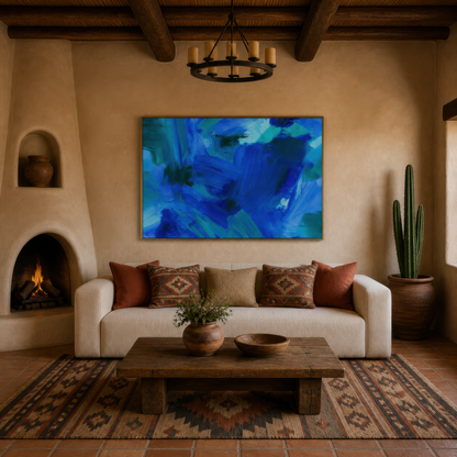Cobalt brushstroke abstract above a cream sofa with rust pillows beside an adobe fireplace