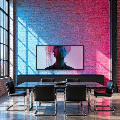 Color Drip Portrait in Pink and Blue abstract portrait wall art in a dining room