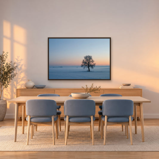 Lone Tree in Snowy Field scandinavian wall art in a dining room