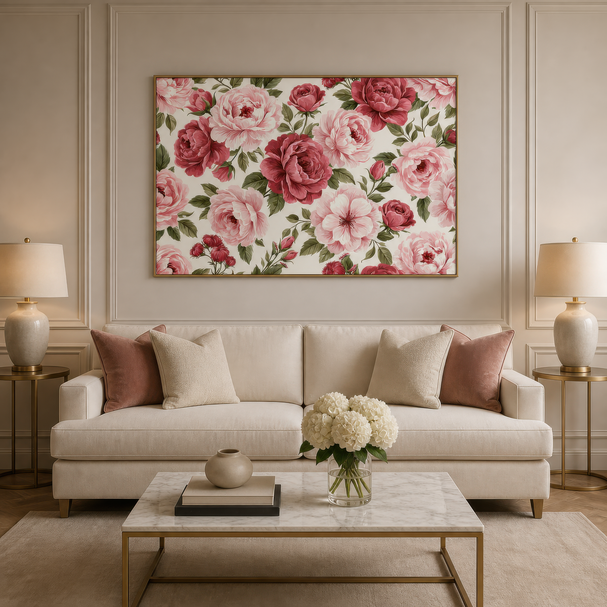 Dense Pink Rose Pattern wall art print staged in a room